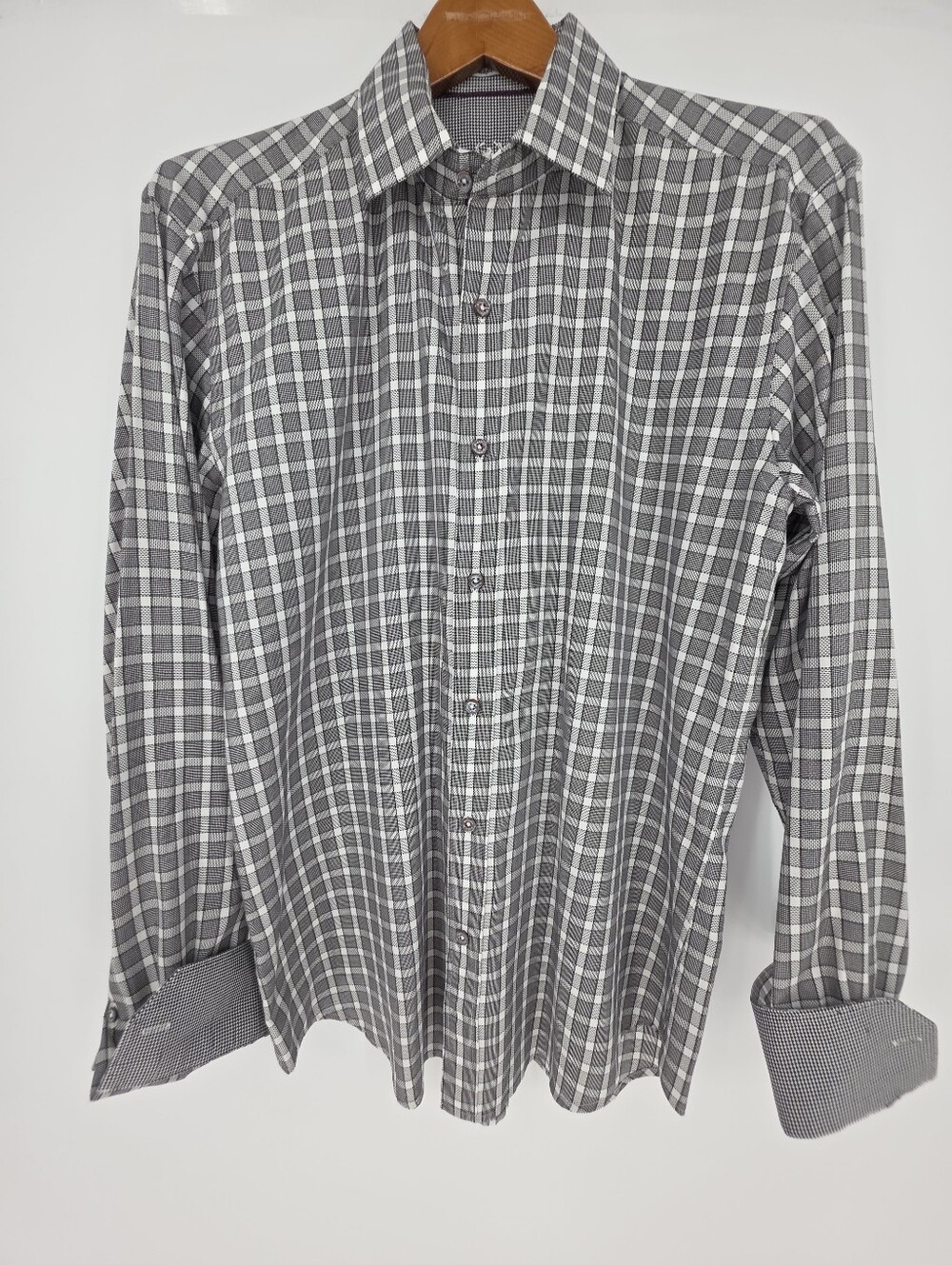 Bugatchi Uomo Shaped‎ Fit Gray Plaid Button Down Shirt Men's Medium Cotton